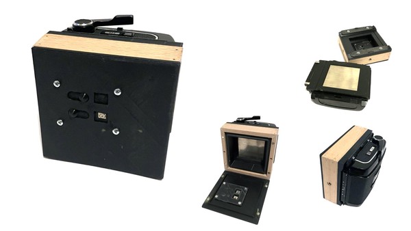 3D printed + wood parts, Mamiya 6x7 back, 2 pinholes, 120 film